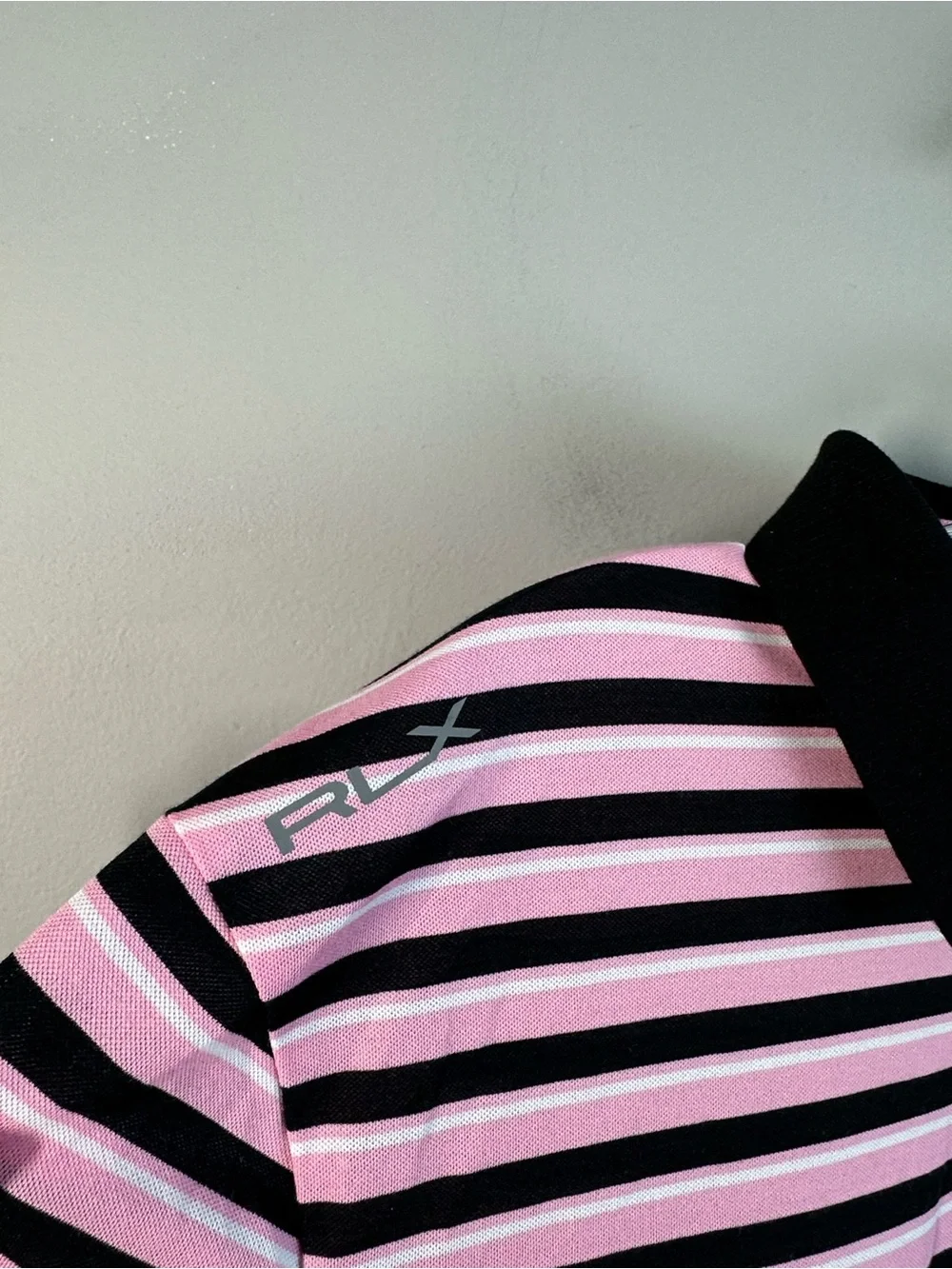 NWT RLX Ralph Lauren Pink And Black Stripe Polo Shirt Size L Golf